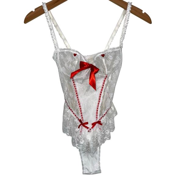 Vintage Frederick’s of Hollywood Sheer Lace Heart Bow Bodysuit Teddy Size Small - Picture 1 of 13